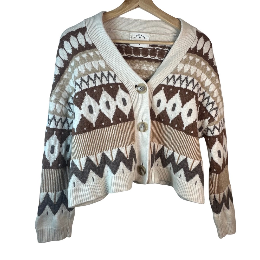 Electric & Rose Cardigan Womens S Fair Isle Geometric Knit Button Front Brown